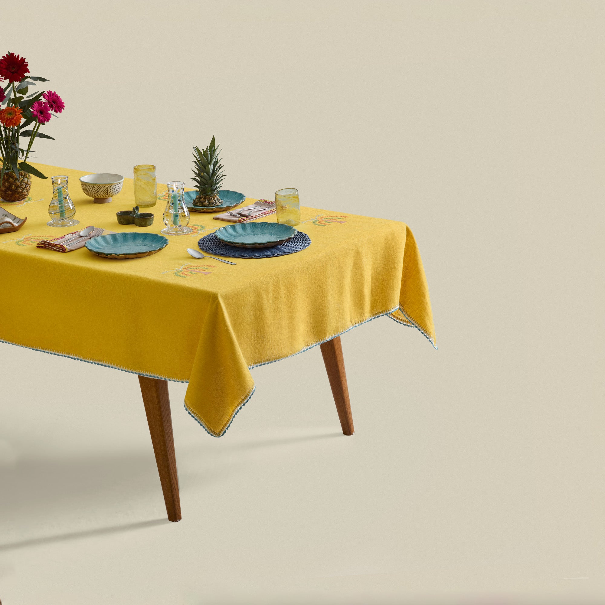 Royal Palm Hand-Embroidered Linen Tablecloth