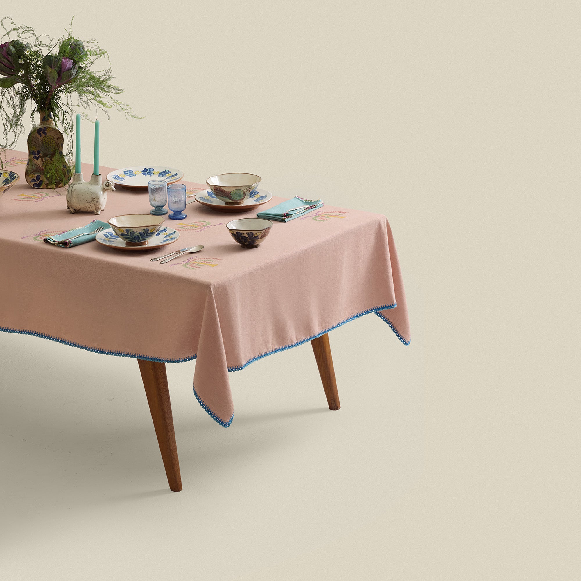 Royal Palm Hand-Embroidered Linen Tablecloth