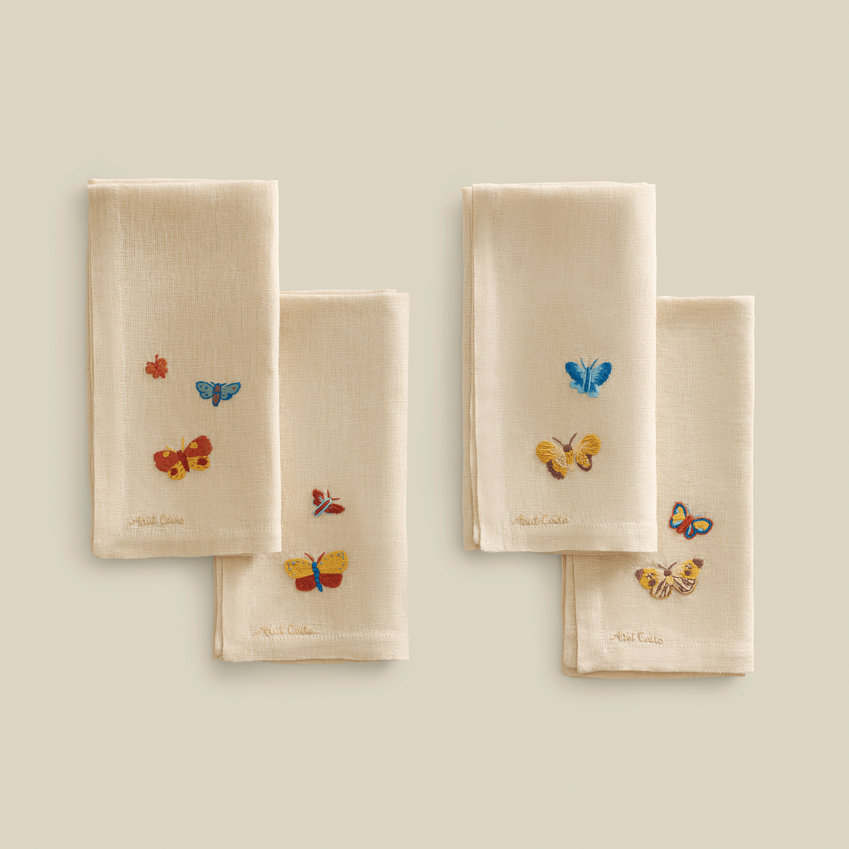Nile Butterflies Hand-Embroidered Linen Napkins (Set Of 4)