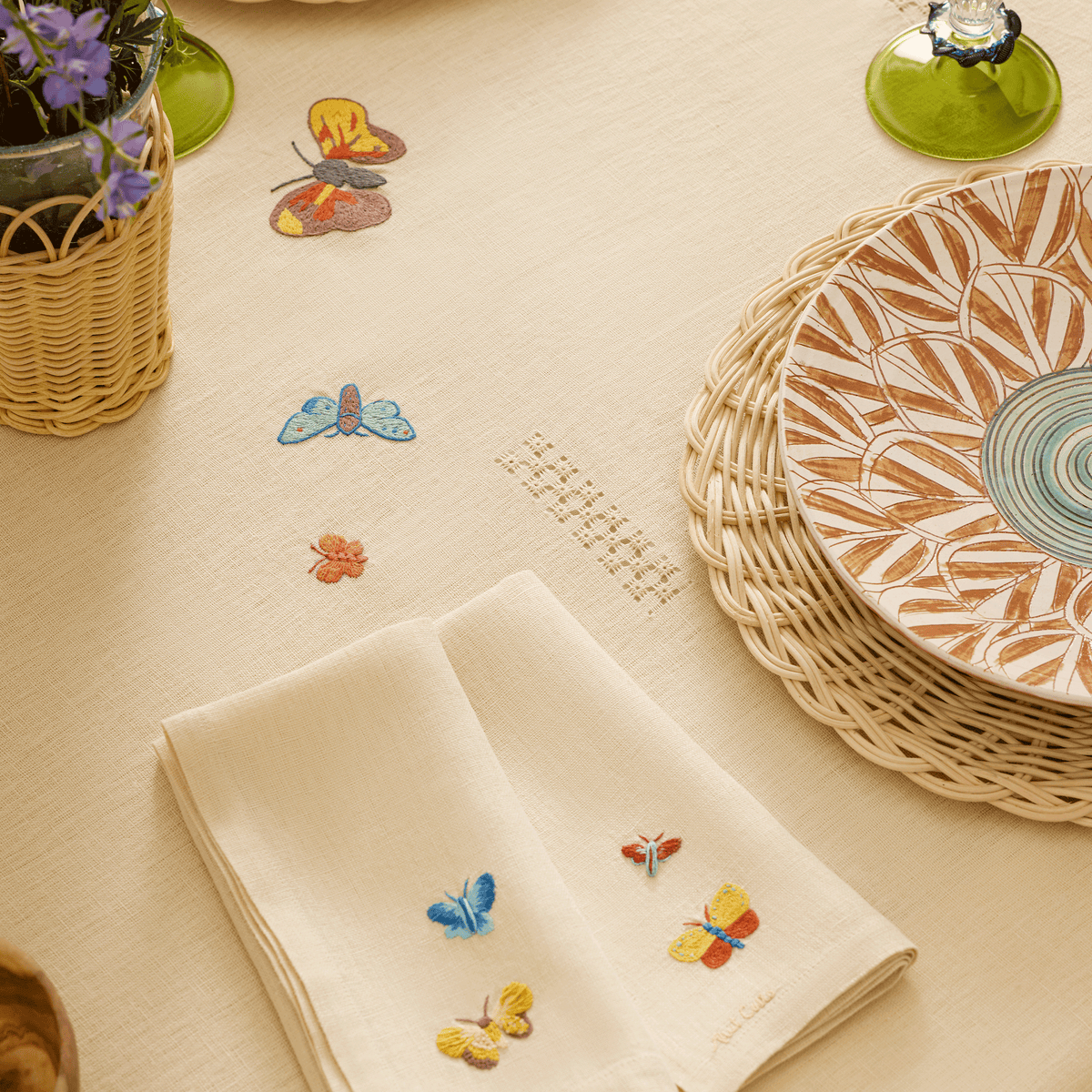 Nile Butterflies Hand-Embroidered Linen Tablecloth