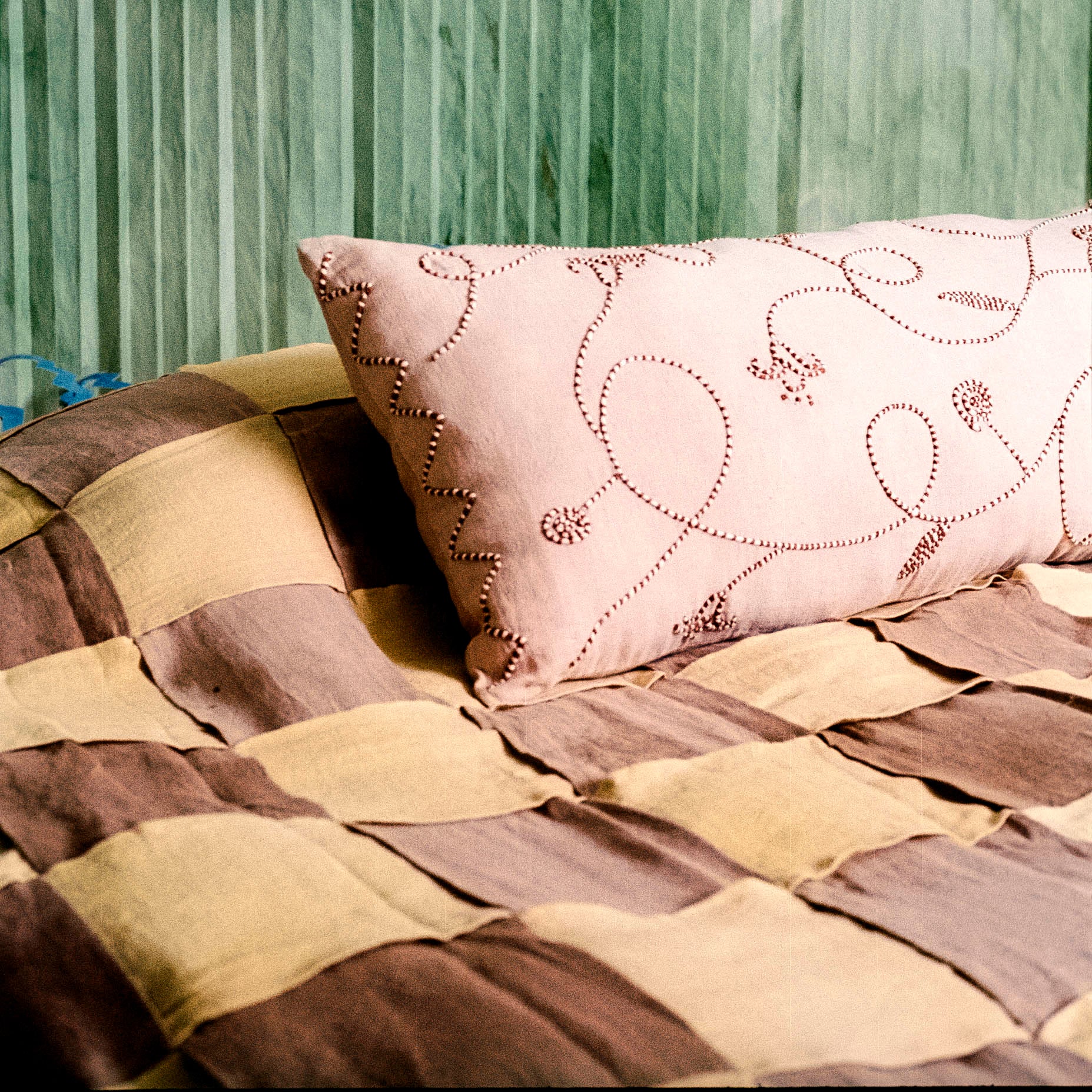 Lotus Trail Hand-Embroidered Linen Bolster Cover