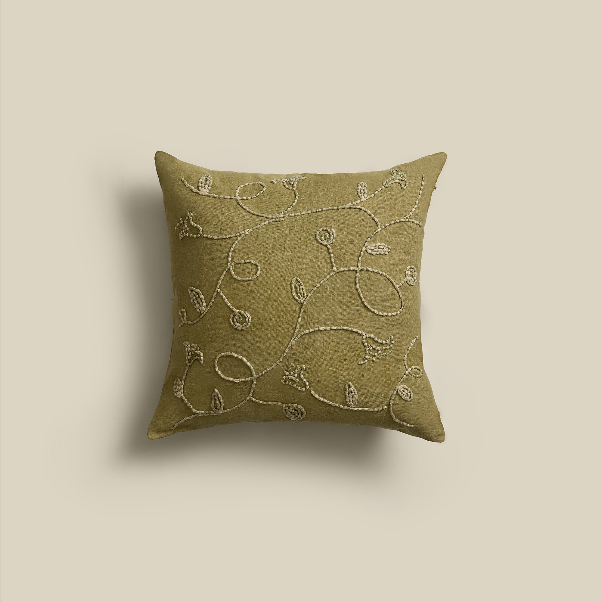 Lotus Trail Hand-Embroidered Linen Square Cushion Cover