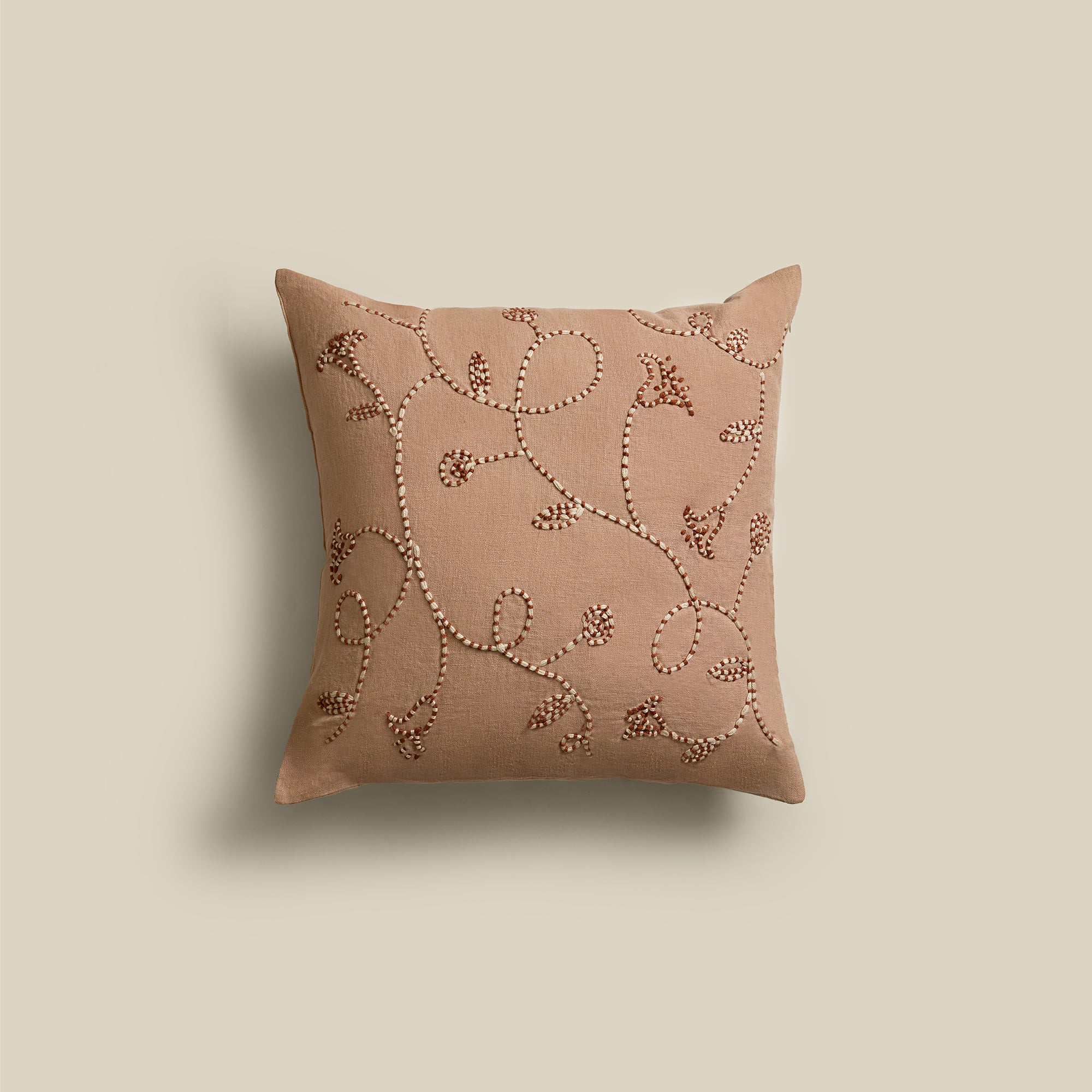 Lotus Trail Hand-Embroidered Linen Square Cushion Cover