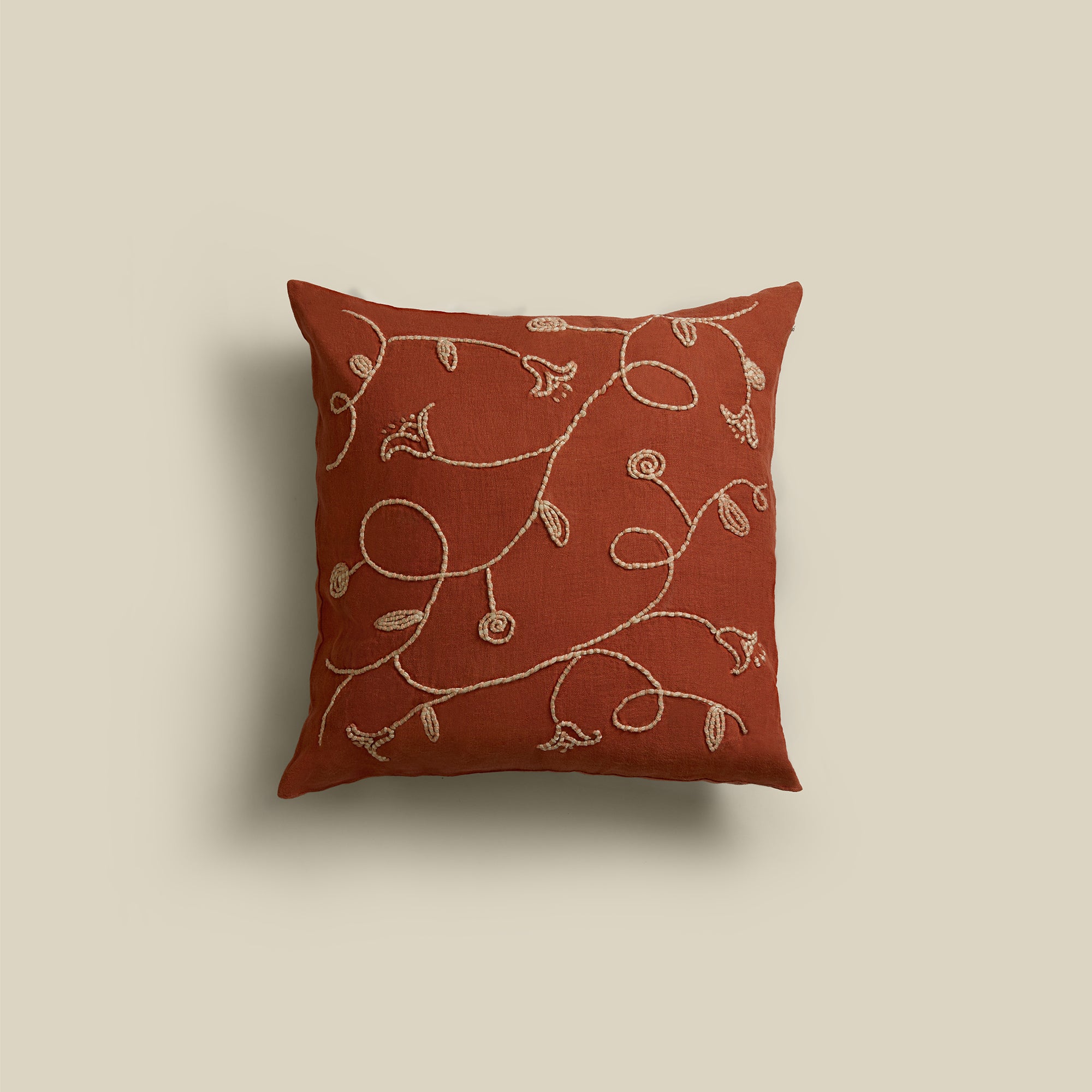 Lotus Trail Hand-Embroidered Linen Square Cushion Cover
