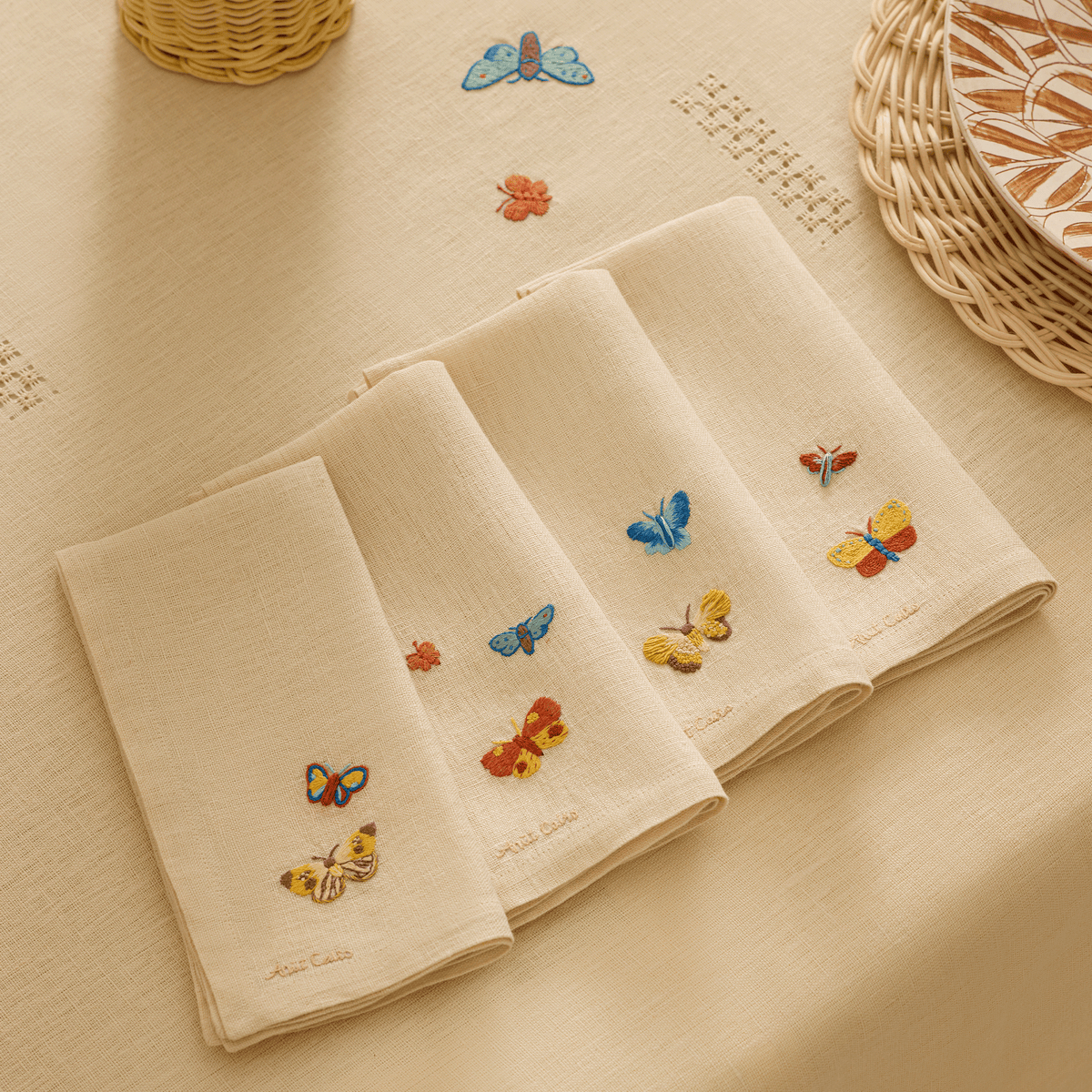 Nile Butterflies Hand-Embroidered Linen Napkins (Set Of 4)