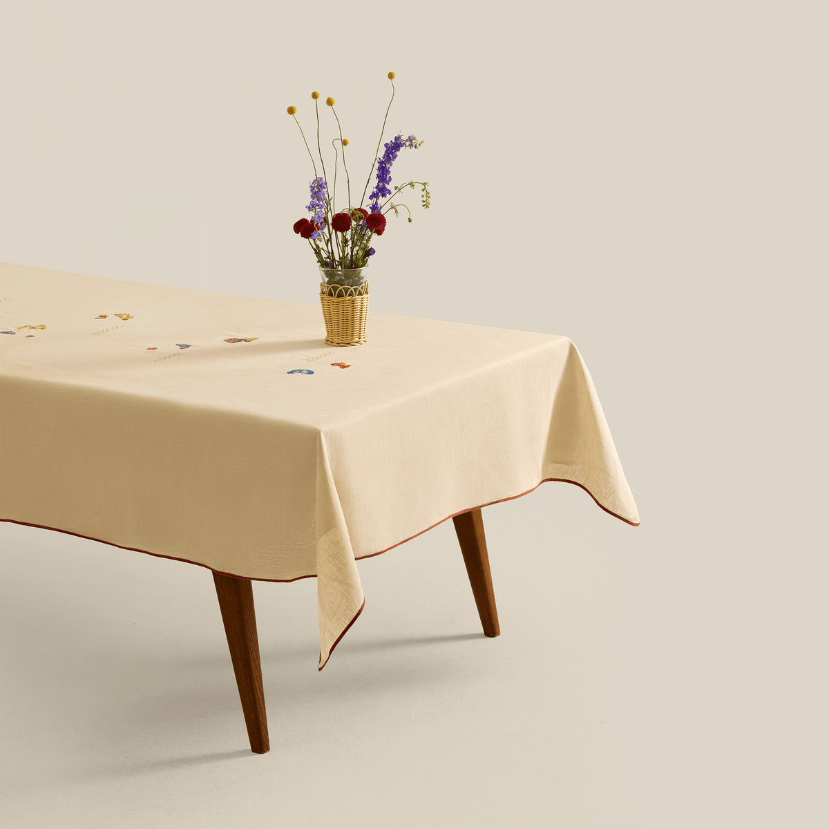 Nile Butterflies Hand-Embroidered Linen Tablecloth
