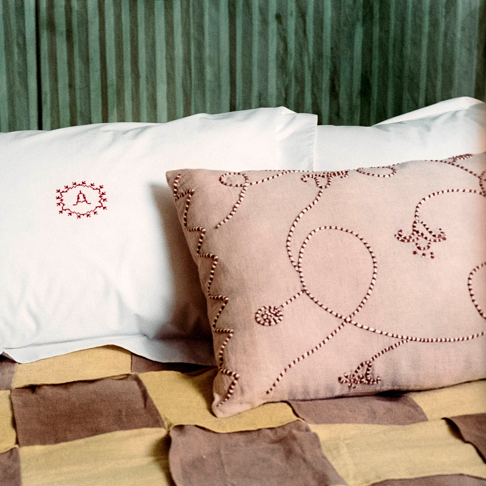 Lotus Trail Hand-Embroidered Linen Bolster Cover